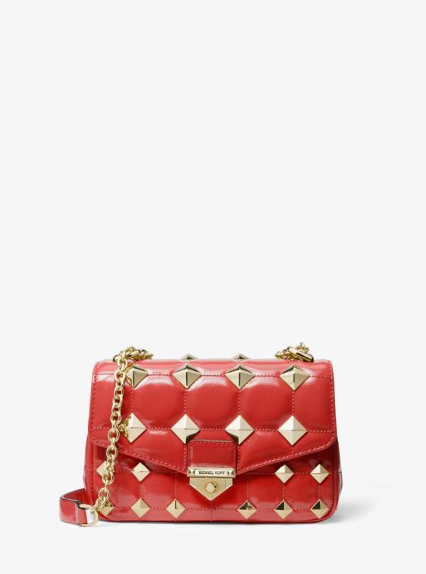 Damske Taška Cez Rameno Michael Kors SoHo Small Studded Quilted Patent Leather Hnede Ruzove - Kabelky Michael Kors Levně | TSLZO-4659